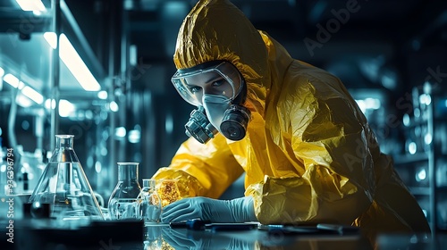 Nuclear Scientist in Protective Suit Handling Radioactive Material in Futuristic Laboratory photo