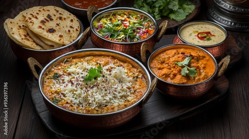 A vibrant spread of Indian cuisine featuring rice, curry, salad, and flatbreads, showcasing rich flavors and textures.