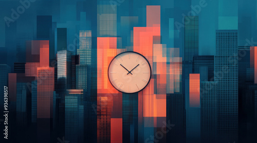 Abstract cityscape with a giant clock representing timebased adjustments in monetary policy, interest rates, economic timing