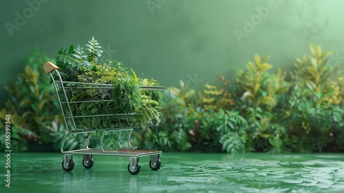 A shopping cart filled with lush green plants against a vibrant nature backdrop, symbolizing eco-friendly shopping. photo