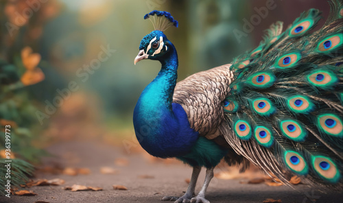 A peacock with a blue and green tail feathers walks on a path in a forest