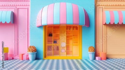 A colorful storefront featuring striped awnings and vibrant decor, perfect for ice cream or pastry shops, creating a playful atmosphere. photo