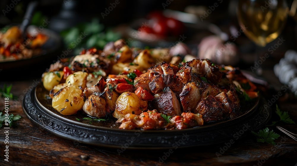 A beautifully arranged platter of roasted meat and vegetables, showcasing a delicious and inviting meal. A beautifully arranged platter of roasted meat and vegetables, showcasing a delicious and inviting meal.