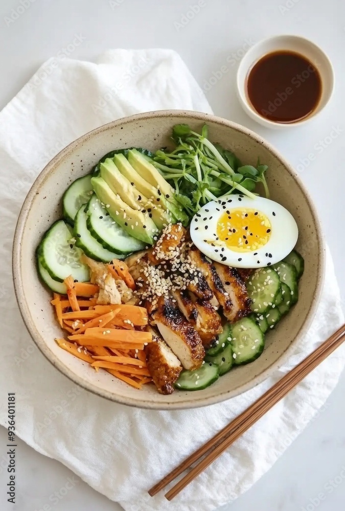Elegant Korean Bowl with Avocado, Cucumber, Carrot, Chicken, Half-Boiled Egg, Set on Beige Clay Dish with Soy Sauce and Chopsticks, Minimalist Presentation, Simple Yet Flavorful Dish Elegant Korean Bowl with Avocado, Cucumber, Carrot, Chicken, Half-Boiled Egg, Set on Beige Clay Dish with Soy Sauce and Chopsticks, Minimalist Presentation, Simple Yet Flavorful Dish