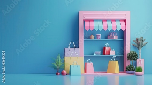 Colorful shop display with pastel shopping bags and decorative plants against a vibrant blue background.