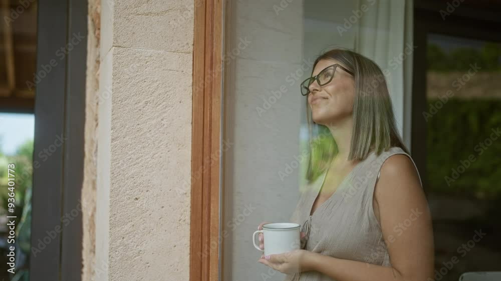 Young woman with glasses enjoying a cup of coffee by the window in a bright indoor setting showing a peaceful moment. Young woman with glasses enjoying a cup of coffee by the window in a bright indoor setting showing a peaceful moment.