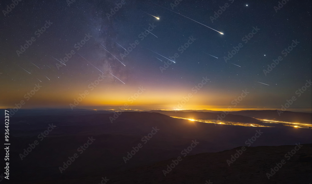 The sky is filled with shooting stars, leaving bright trails across the dark expanse The sky is filled with shooting stars, leaving bright trails across the dark expanse
