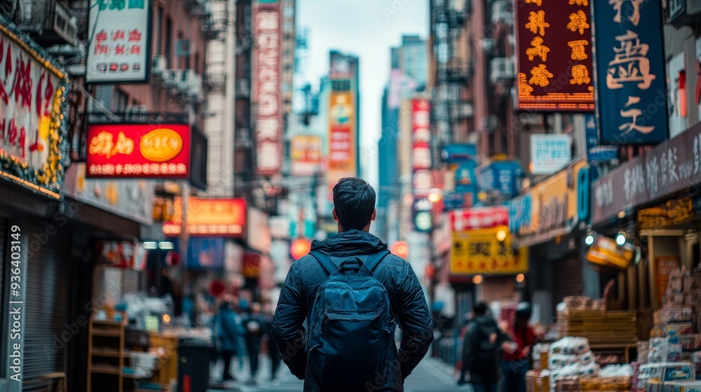 A person stands in a vibrant urban street filled with colorful signs, exploring the lively atmosphere of the city. A person stands in a vibrant urban street filled with colorful signs, exploring the lively atmosphere of the city.