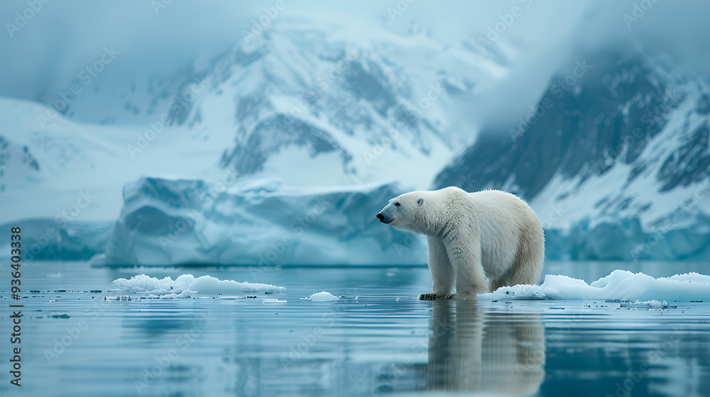 Alone polar bear is standing on ice with snow of melting glacier. Wildlife nature. Effects of climate change. Global warming. Environmental disaster. Alone polar bear is standing on ice with snow of melting glacier. Wildlife nature. Effects of climate change. Global warming. Environmental disaster.