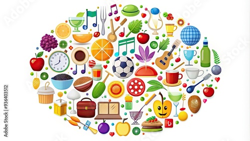 Colorful icons of various preferences and interests, including music, sports, and food, arranged in a circular pattern on a white background.