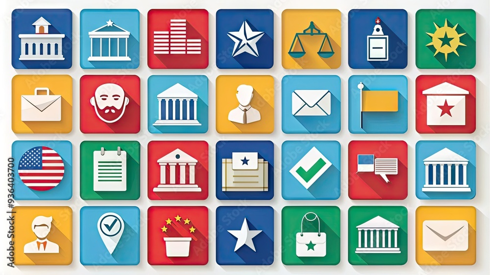 Colorful icons representing various aspects of voting, including ballots, boxes, democracy flags, and electoral symbols, perfect for election-related designs and graphics. Colorful icons representing various aspects of voting, including ballots, boxes, democracy flags, and electoral symbols, perfect for election-related designs and graphics.