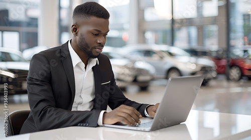 African american salesman in white shirt and black suit jacket using laptop in his work at car showroom. Professional salesperson in auto dealership.
