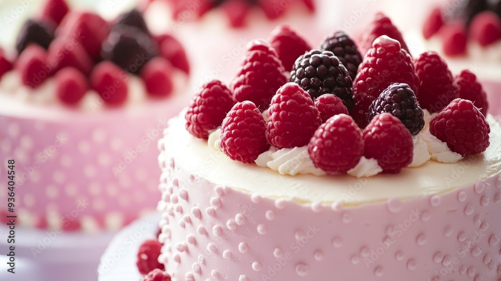 A beautifully decorated pink cake topped with fresh raspberries and blackberries, perfect for celebrations. A beautifully decorated pink cake topped with fresh raspberries and blackberries, perfect for celebrations.