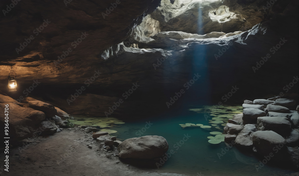 A light shines from a lamp hanging from the ceiling of a dark cave, illuminating a pool of water surrounded by rocks A light shines from a lamp hanging from the ceiling of a dark cave, illuminating a pool of water surrounded by rocks
