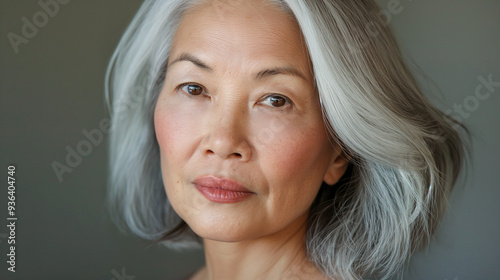 Middle-Aged Asian Woman with Silver Hair and Soft Freckles, Wearing Minimal Makeup and Exuding Wisdom and Grace. Perfect for Beauty and Wellness Campaigns, Editorial Features, and Lifestyle Blogs