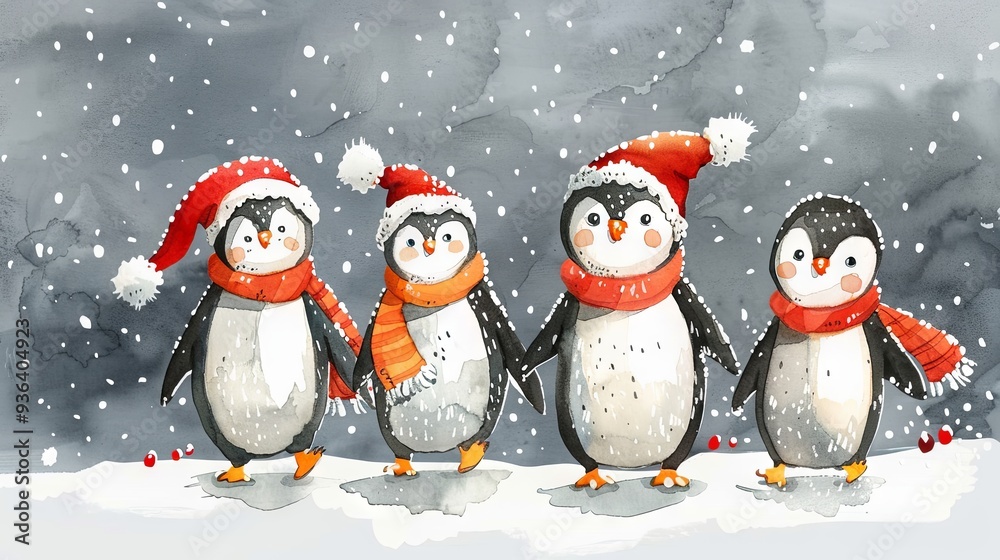 Fototapeta premium watercolor illustration of cute penguins skating on the Christmas background