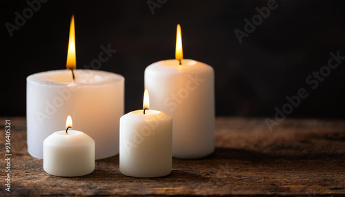 Burning white candles on table. Composition for faith and religion concept.