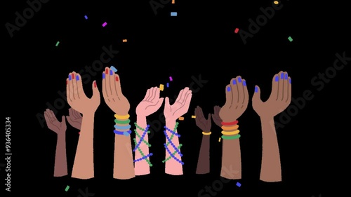 Friendship Day Hands Unity Sticker Group Cheer, Stock Overlay 4k Animation Video, 3D Motion Graphics loop Animation, with Chroma key, Alpha Channel, High Resolution, Black and Green Screen Background