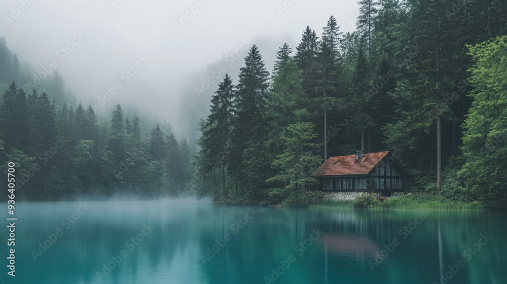 Tranquil Cabin by a Misty Lake - A serene cabin with a red roof nestled by a turquoise lake, surrounded by dense forest and misty mountains in a peaceful setting. Tranquil Cabin by a Misty Lake - A serene cabin with a red roof nestled by a turquoise lake, surrounded by dense forest and misty mountains in a peaceful setting.