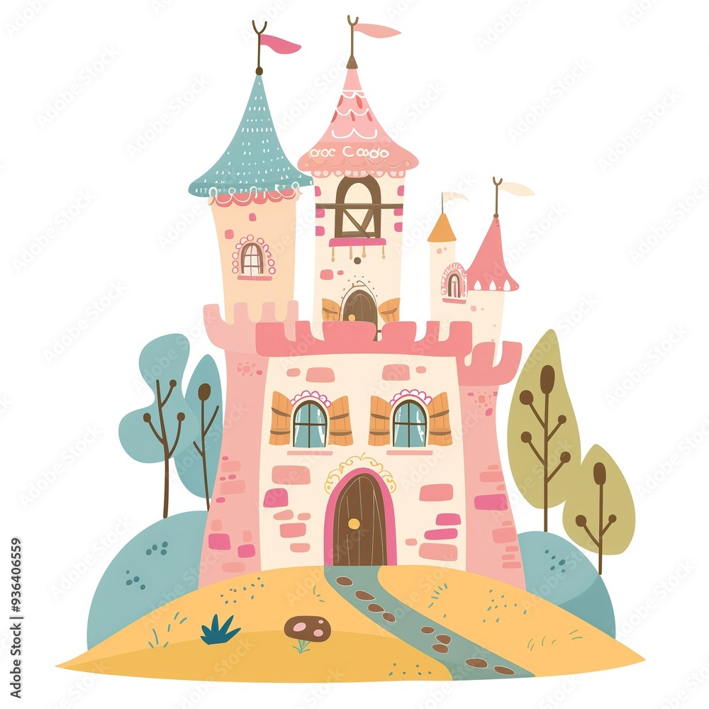 Cartoon castle illustration with playful turrets, whimsical details, and bright colors, set against a white background. Cartoon castle illustration with playful turrets, whimsical details, and bright colors, set against a white background.