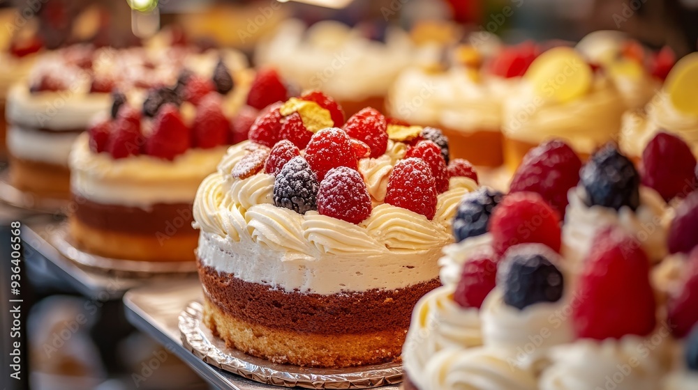 A display of beautifully decorated cakes topped with fresh berries, showcasing a variety of flavors and textures. A display of beautifully decorated cakes topped with fresh berries, showcasing a variety of flavors and textures.
