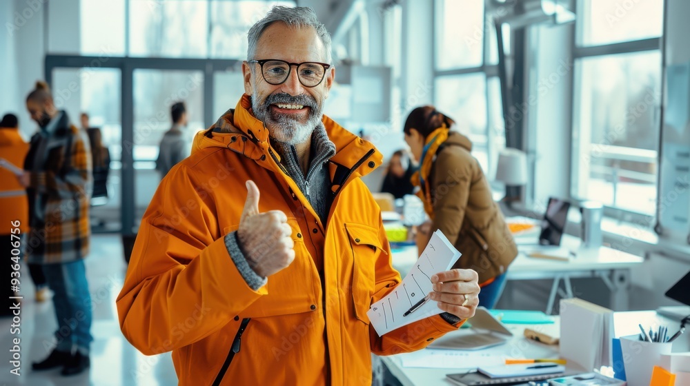 Man in Orange Jacket Indoors