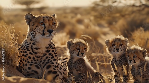 In the desert a cheetah and her three elderly cubs sit together