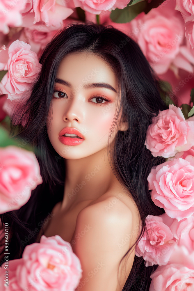 Beautiful romantic young woman in a wreath of flowers posing on a background of roses. Inspiration of spring and summer. Perfume, cosmetics concept.