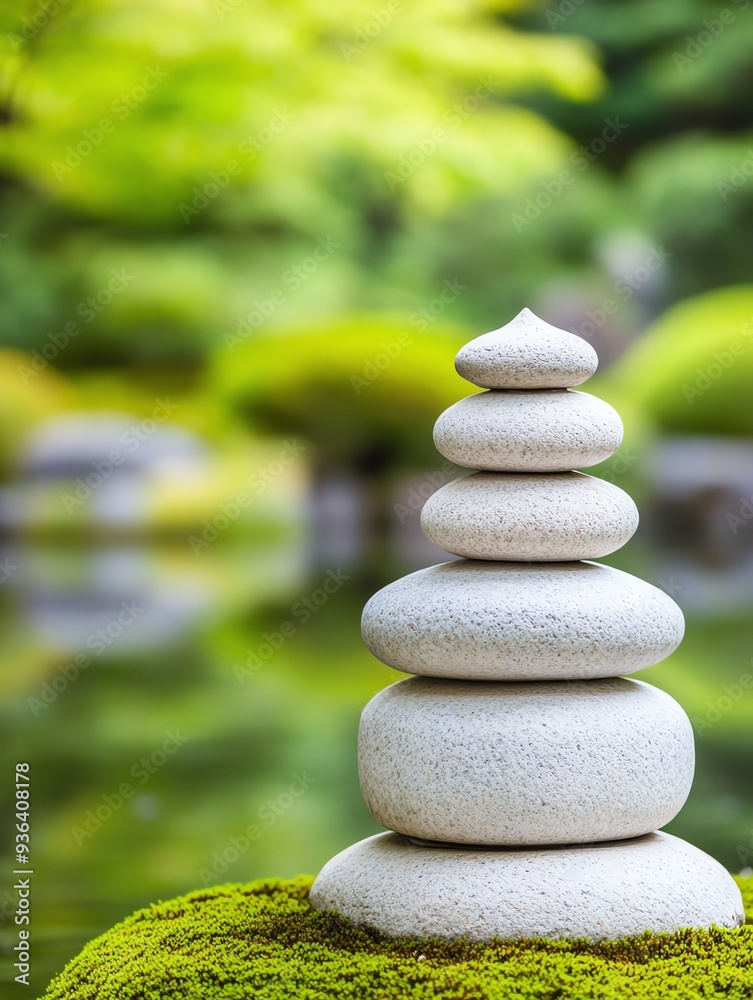 Zen garden with stacked stones and pond in background Zen garden with stacked stones and pond in background