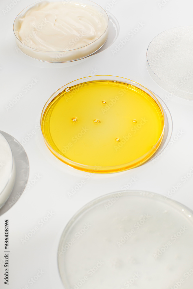Antiaging cosmetic products in Petri dishes in white table Antiaging cosmetic products in Petri dishes in white table