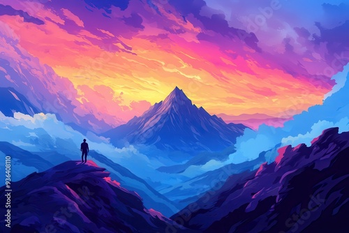 Solitary Figure on Mountaintop Against Vivid Sunset Sky