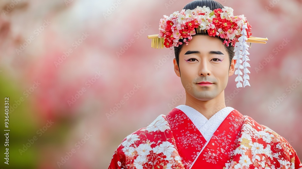 Japanese man in traditional red kimono with flower crown. Japanese man in traditional red kimono with flower crown.