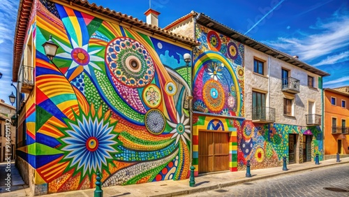 Colorful mural adorns the walls of a modern art center, showcasing vibrant abstract designs and patterns, in the historic town of Alarcon, Cuenca, Spain.