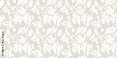 Seamless french gender neutral floral linen printed fabric border background. Light mottled white on grey cottage core block print pattern. Shabby chic woven duotone cloth effect. 