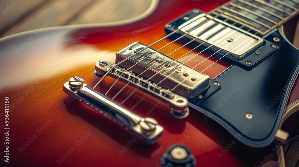 A close-up of a guitar showcasing its strings, body, and hardware, highlighting musical craftsmanship. A close-up of a guitar showcasing its strings, body, and hardware, highlighting musical craftsmanship.