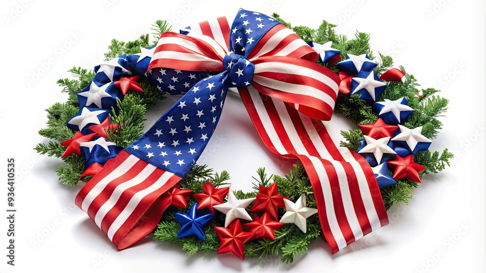 Obraz premium Colorful patriotic ribbon wrapped around a wreath, adorned with stars and stripes, symbolizing American pride, freedom, and national spirit on a white background.