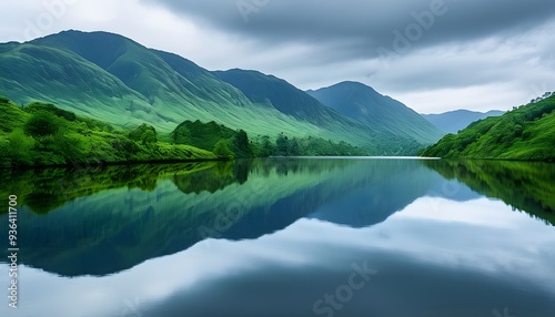 The tranquil lake reflects the green mountains and green vegetation around it, making the sky gloomy and quiet. photo