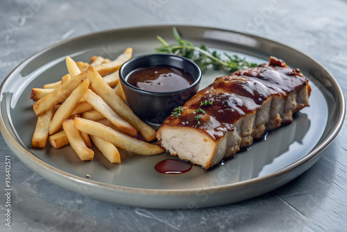 Pork loin in BBQ sauce with French fries and sauces on a round ceramic plate photo