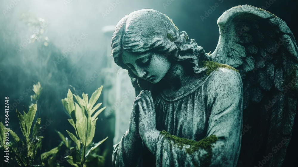 A statue of an angel is sitting in a cemetery A statue of an angel is sitting in a cemetery