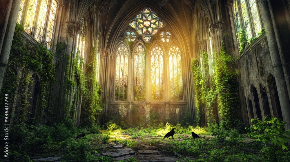 Fototapeta premium A church with vines growing on the walls and a stained glass window
