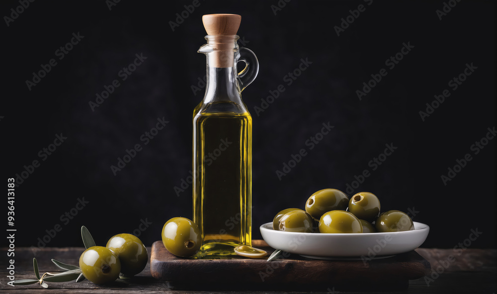 A bottle of olive oil sits on a wooden surface with a small dish of green olives and a sprig of olive leaves A bottle of olive oil sits on a wooden surface with a small dish of green olives and a sprig of olive leaves