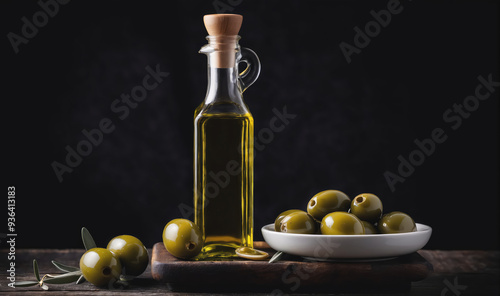 A bottle of olive oil sits on a wooden surface with a small dish of green olives and a sprig of olive leaves