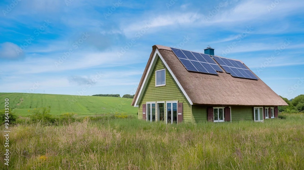 Obraz premium Solar panels on the house. Green grass house in field under blue sky, exterior of ecology and environmentally friendly house architecture. Conceptual image, clean energy, conservation