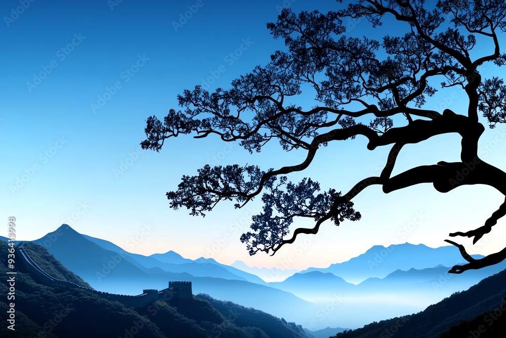 Fototapeta premium Silhouette of a tree against a misty mountain range at dawn. The sky is a deep blue. The scene is peaceful and serene.
