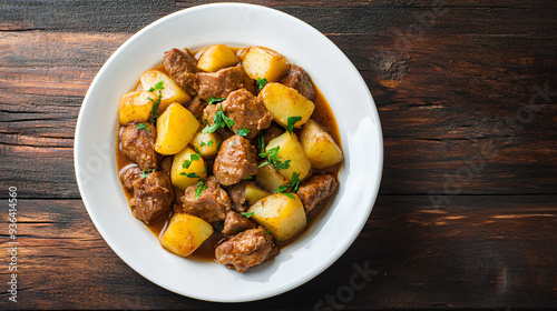 Serving of beef stew and potatoes garnished with parsley on a rustic wooden table