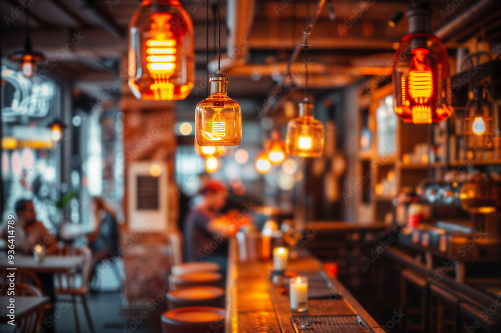 Comfortable and inviting interior of a local bar and eatery with hanging lights Comfortable and inviting interior of a local bar and eatery with hanging lights