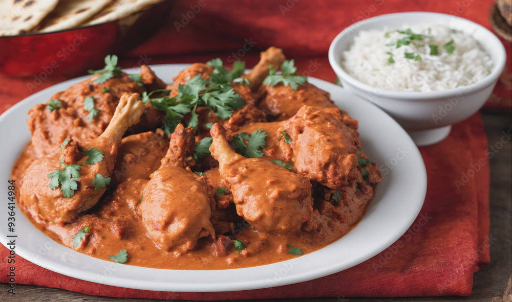 A plate of chicken tikka masala with cilantro garnish sits on a red tablecloth, with a bowl of white rice and flatbread in the background A plate of chicken tikka masala with cilantro garnish sits on a red tablecloth, with a bowl of white rice and flatbread in the background
