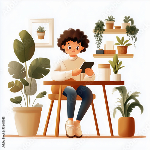 A smiling man holding and using a smartphone with happily in a coffee shop, cartoon character, social media, social networks and technology concept.