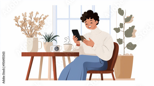 A smiling man holding and using a smartphone with happily in a coffee shop, cartoon character, social media, social networks and technology concept.
