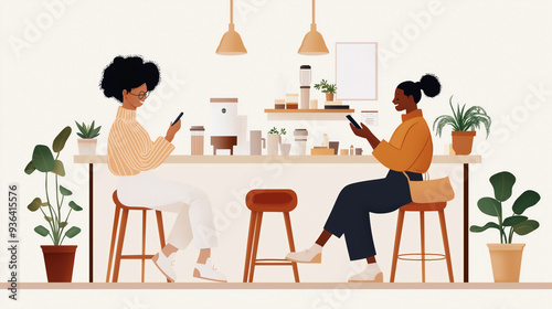 A smiling women sitting on chair holding and using a smartphone with happily in a coffee shop, cartoon character, social media, social networks and technology concept.